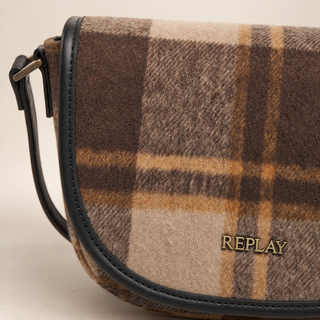 Replay Brown Plaid Crossbody Bag, Checked Saddle Bag, Fall Aesthetic