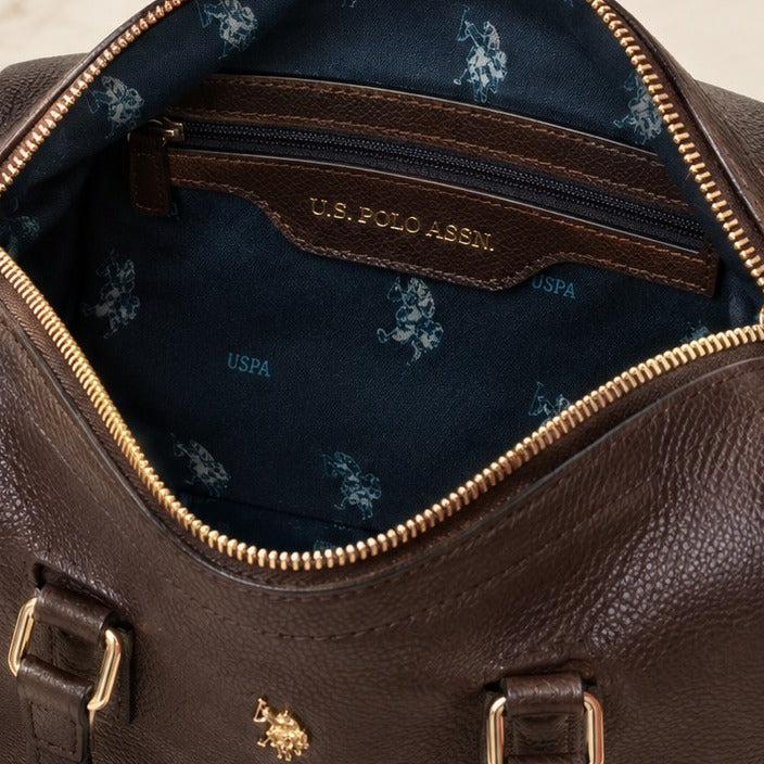 US Polo Assn Brown Jones Bowling Bag, Dark Equestrian Handbag, Gold Hardware