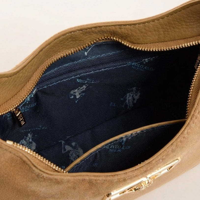 US Polo Assn Tan Brown Shoulder Bag, Faux Suede Hobo, Gold Hardware