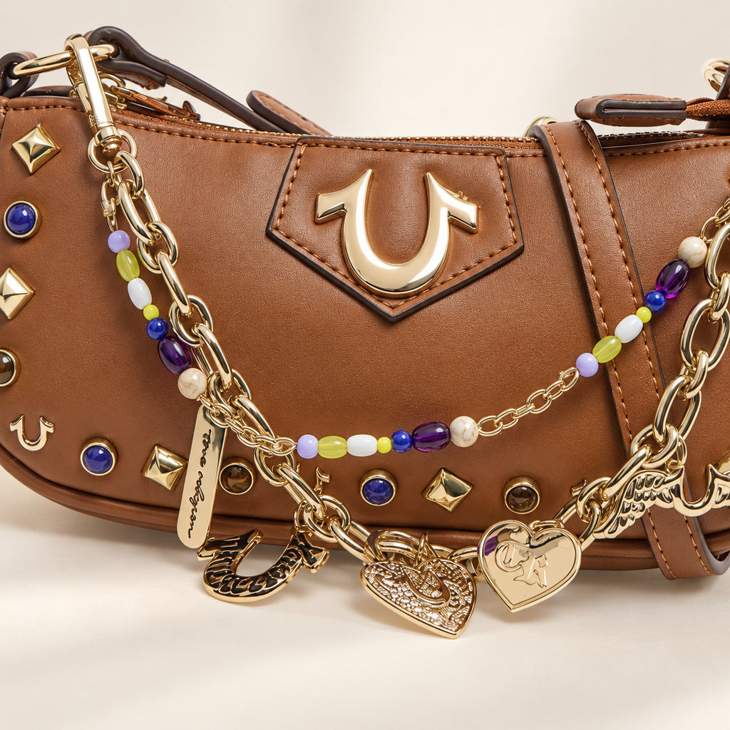 True Religion Brown Shoulder Bag, Designer Y2K Aesthetic, Charm Chain Retro