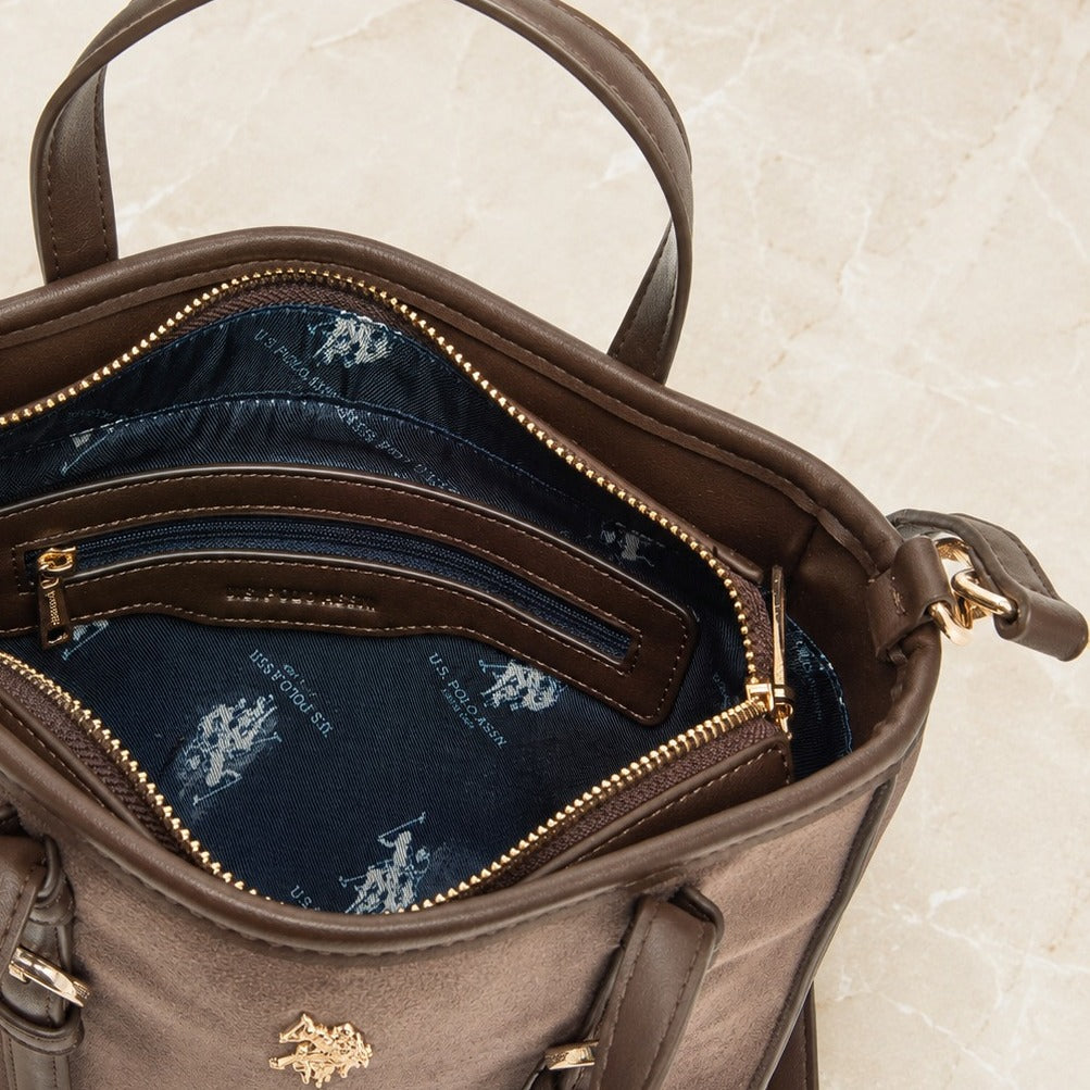 US Polo Assn Brown Tote Bag, Suede Finish, Gold Hardware, Preppy Equestrian