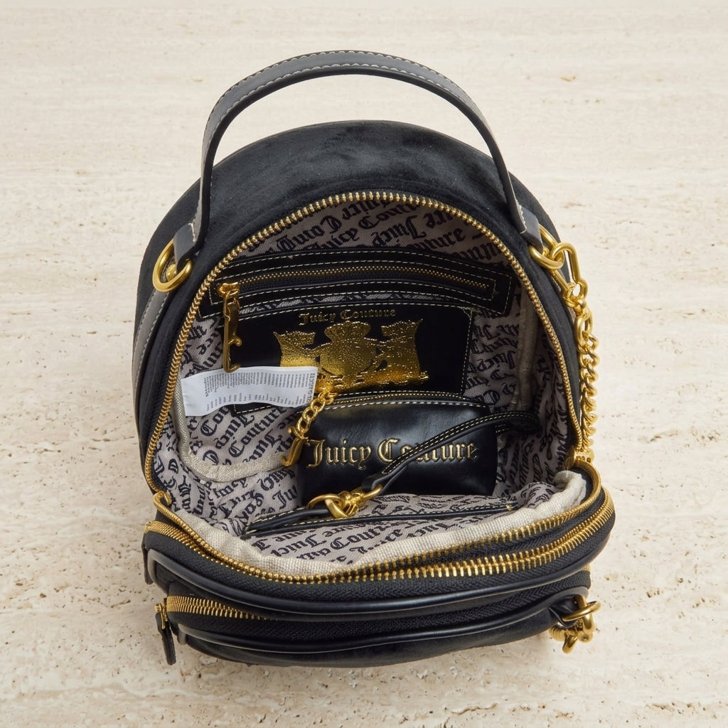 Juicy Couture Black Velour Backpack, Gold Chain Detail, Everyday School Bag