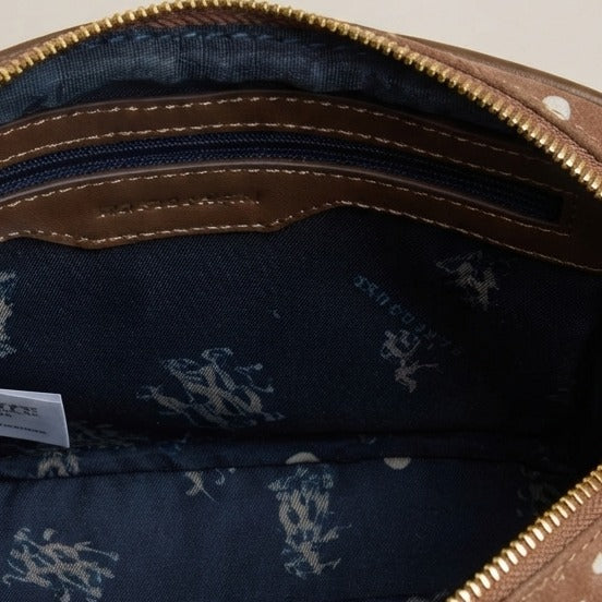 US Polo Assn Brown Polka Dot Crossbody, Suede Look, Gold Hardware, Everyday