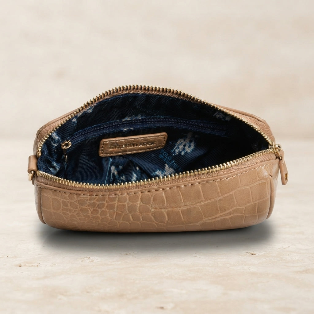 US Polo Assn Beige Crossbody Bag, Y2K Mini Barrel, Croc Texture, Aesthetic