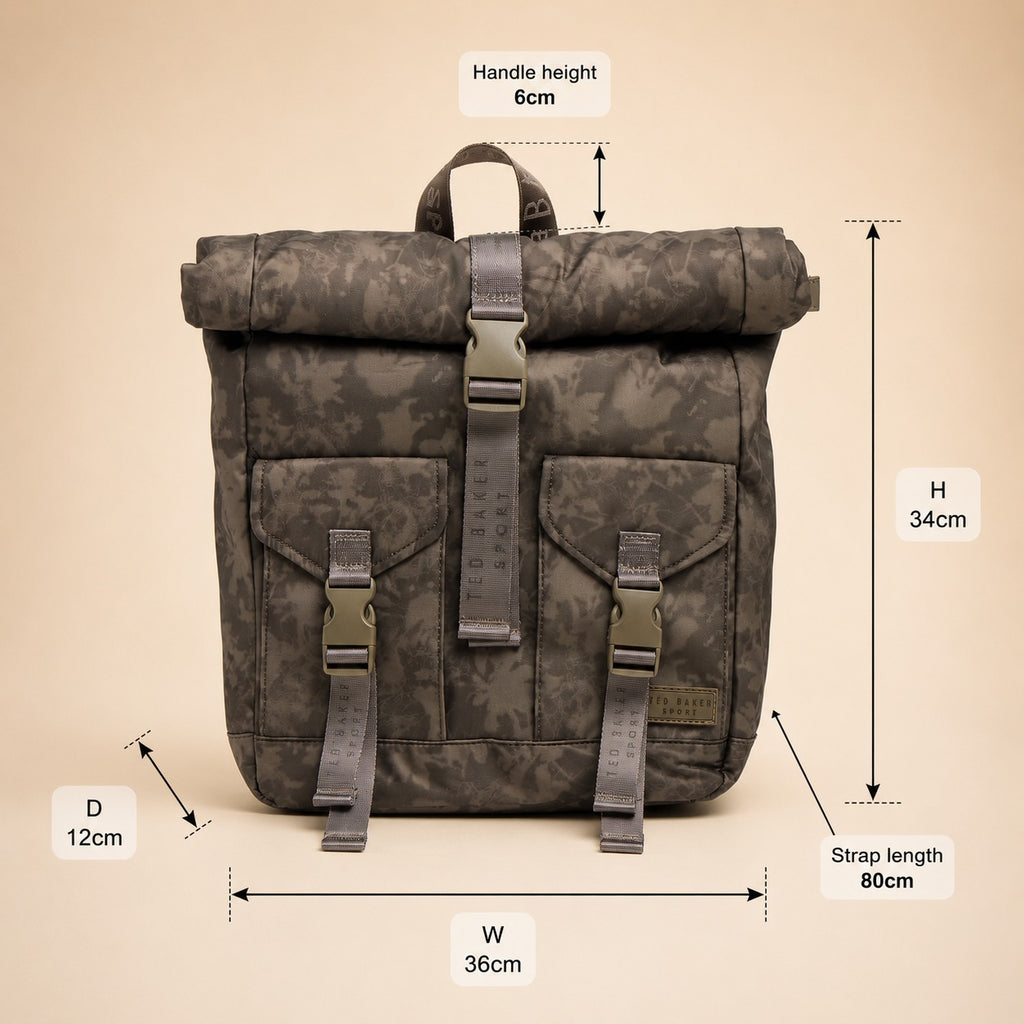 Ted Baker Sport Walnut Shadow Backpack, Roll-Top Laptop Bag, Everyday Rucksack