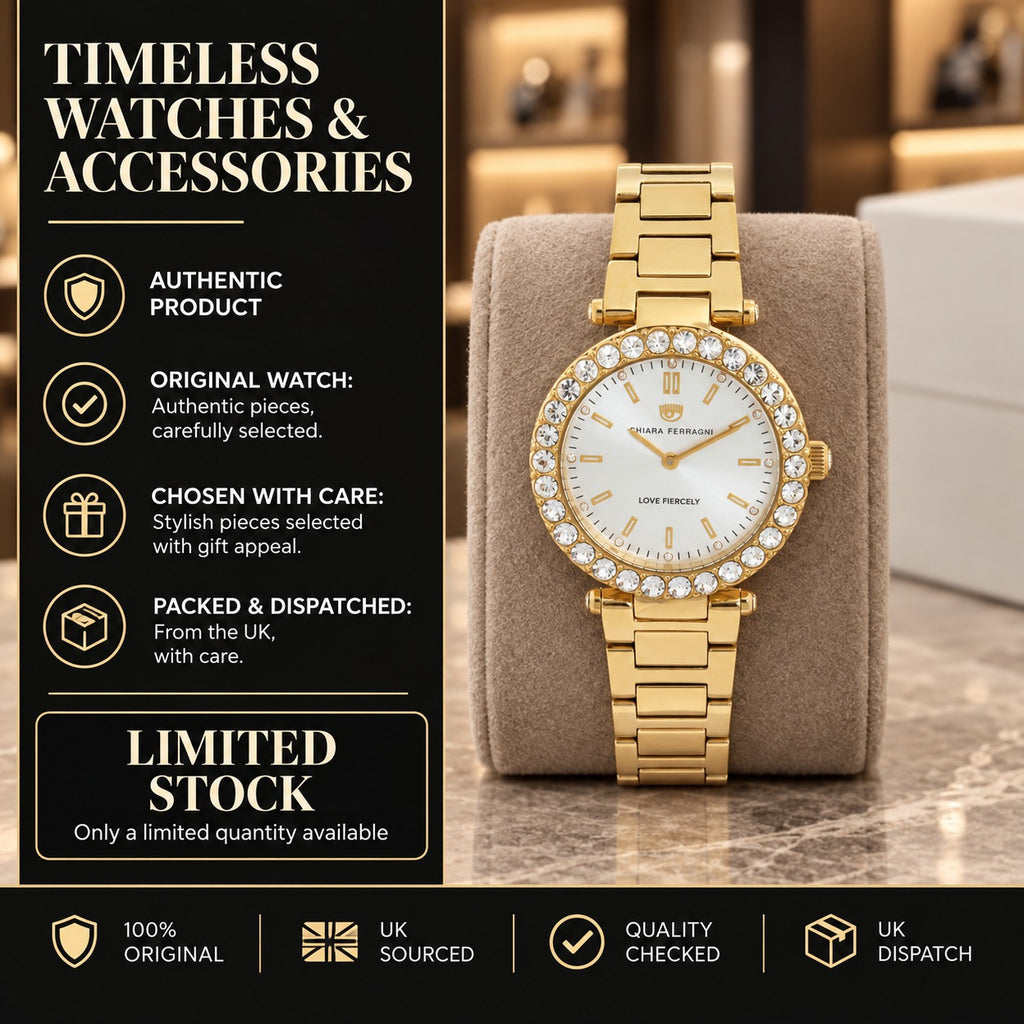 Chiara Ferragni Gold Watch, Crystal Bezel Analogue, Womens Designer Link