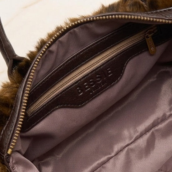 Bessie London Brown Dalmatian Faux Fur Grab Bag, Fluffy Animal Print Handbag