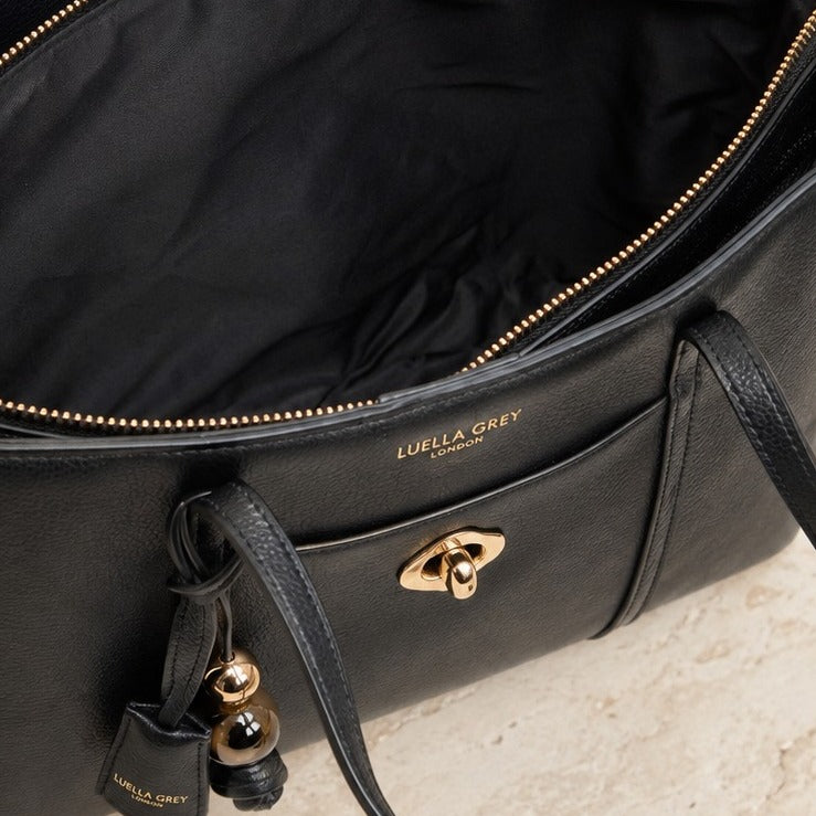 Luella Grey Black Tote Bag, Pebbled Grain, Gold Hardware