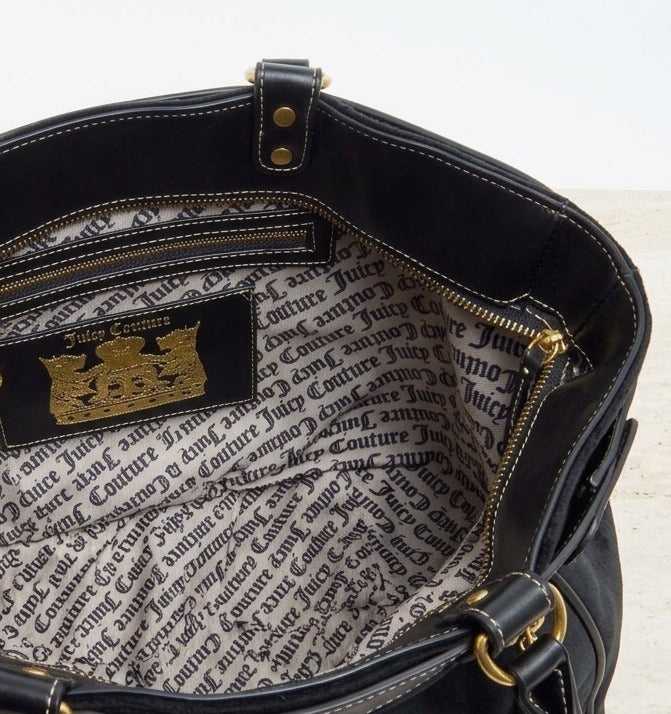 Juicy Couture Black Velour Shoulder Bag, Gold Heart Charm, Designer Handbag