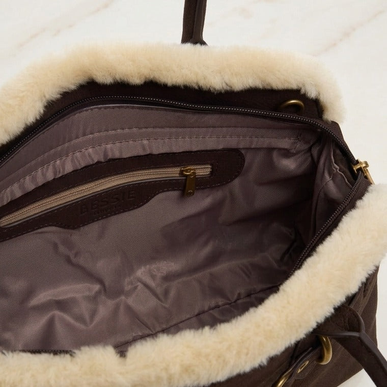 Bessie London Brown Crossbody Bag, Fleece Trim, Gold Charm, Equestrian Satchel