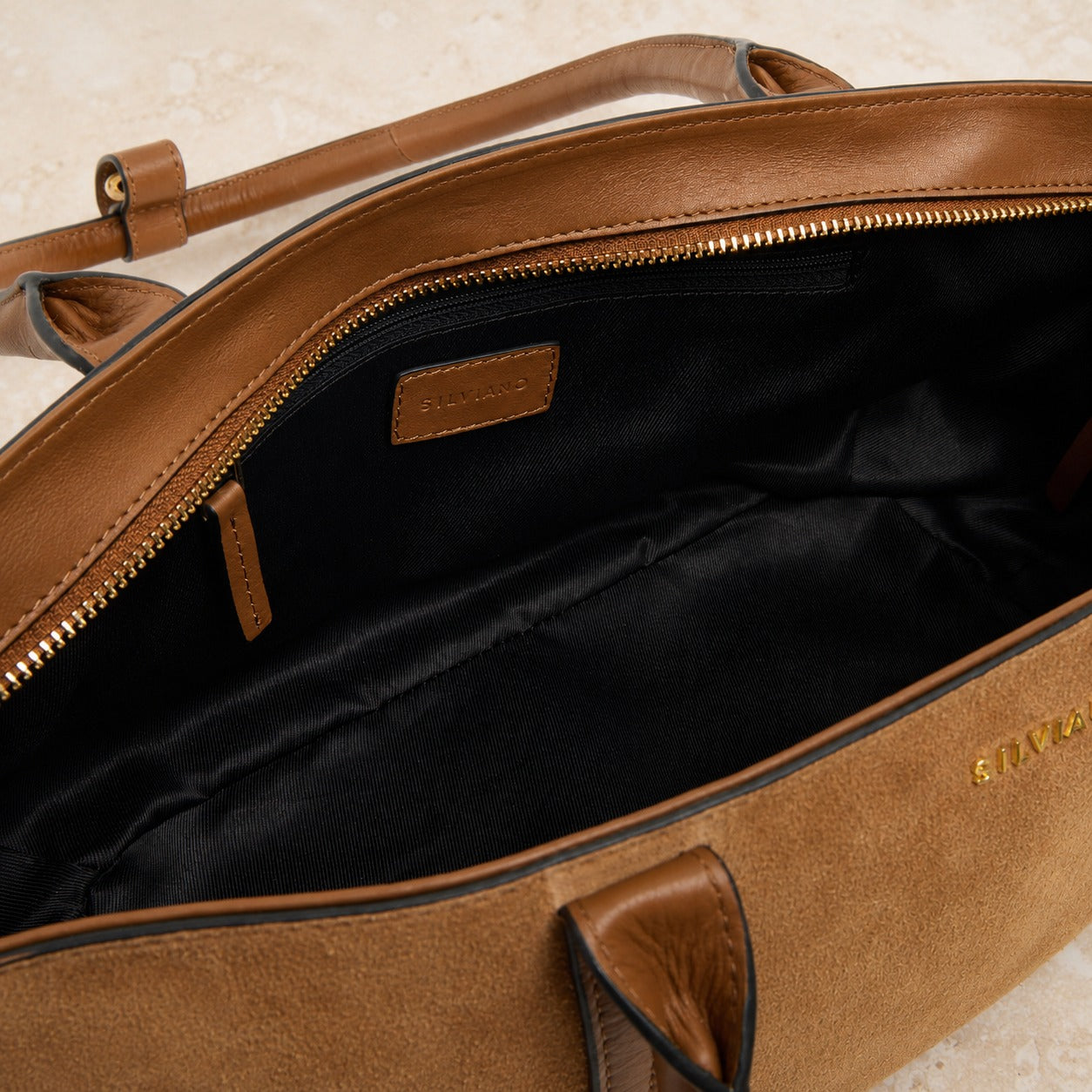 Silviano Brown Suede Shoulder Bag, Top Zip, Gold Charm, Equestrian Handbag