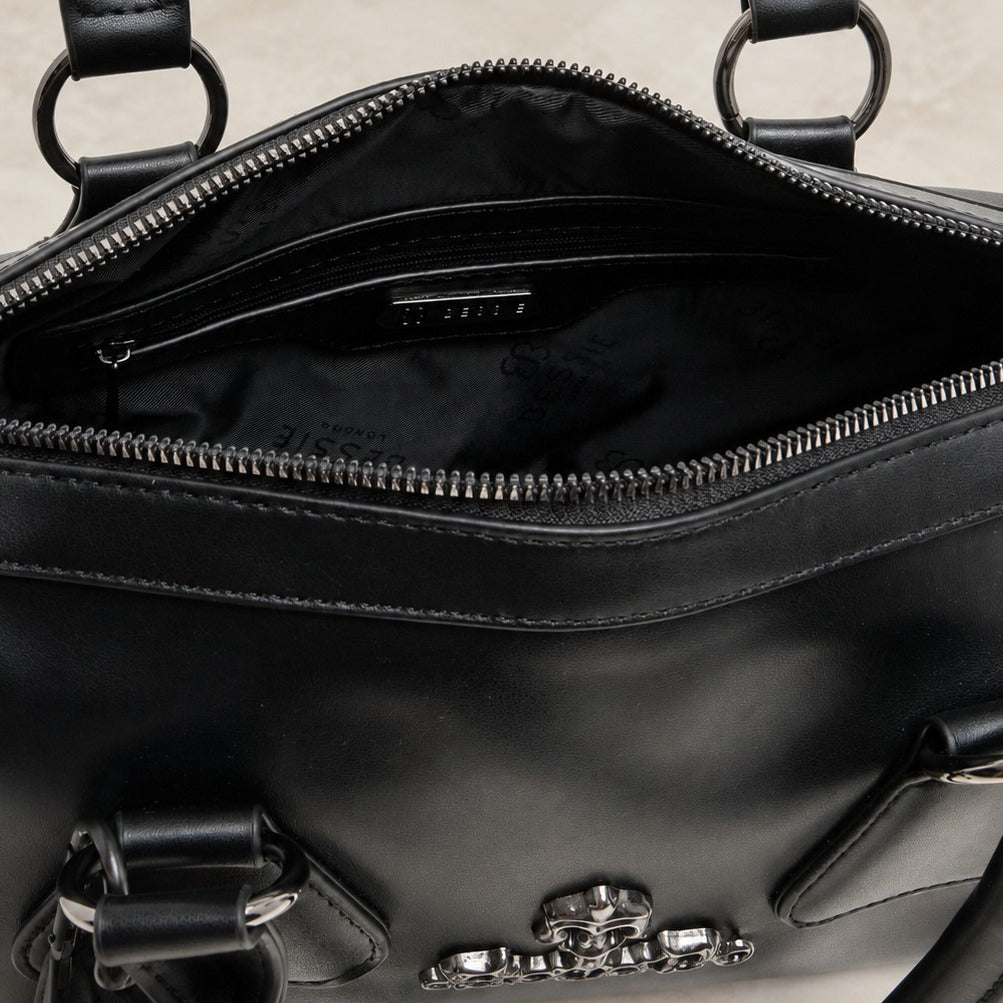 Bessie London Black Bowler Bag, Studded Satchel, Crossbody, Goth Aesthetic