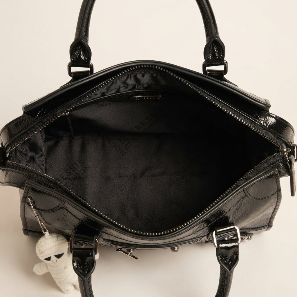 Bessie London Black Satchel Bag, Glossy Patent Finish, Chain Trim, Halloween