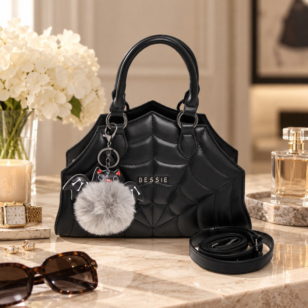 Bessie London Black Spiderweb Tote Bag, Goth Satchel, Bat Charm, Gift For Her