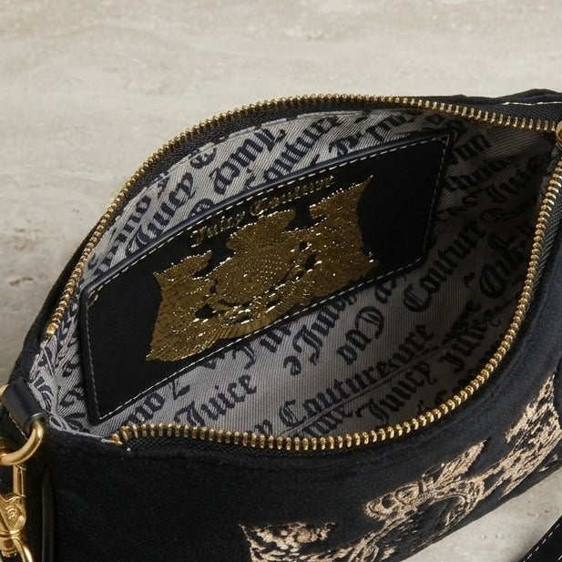 Juicy Couture Black Hobo Bag, Velvet Crossbody, Gold Heart Charm, Aesthetic