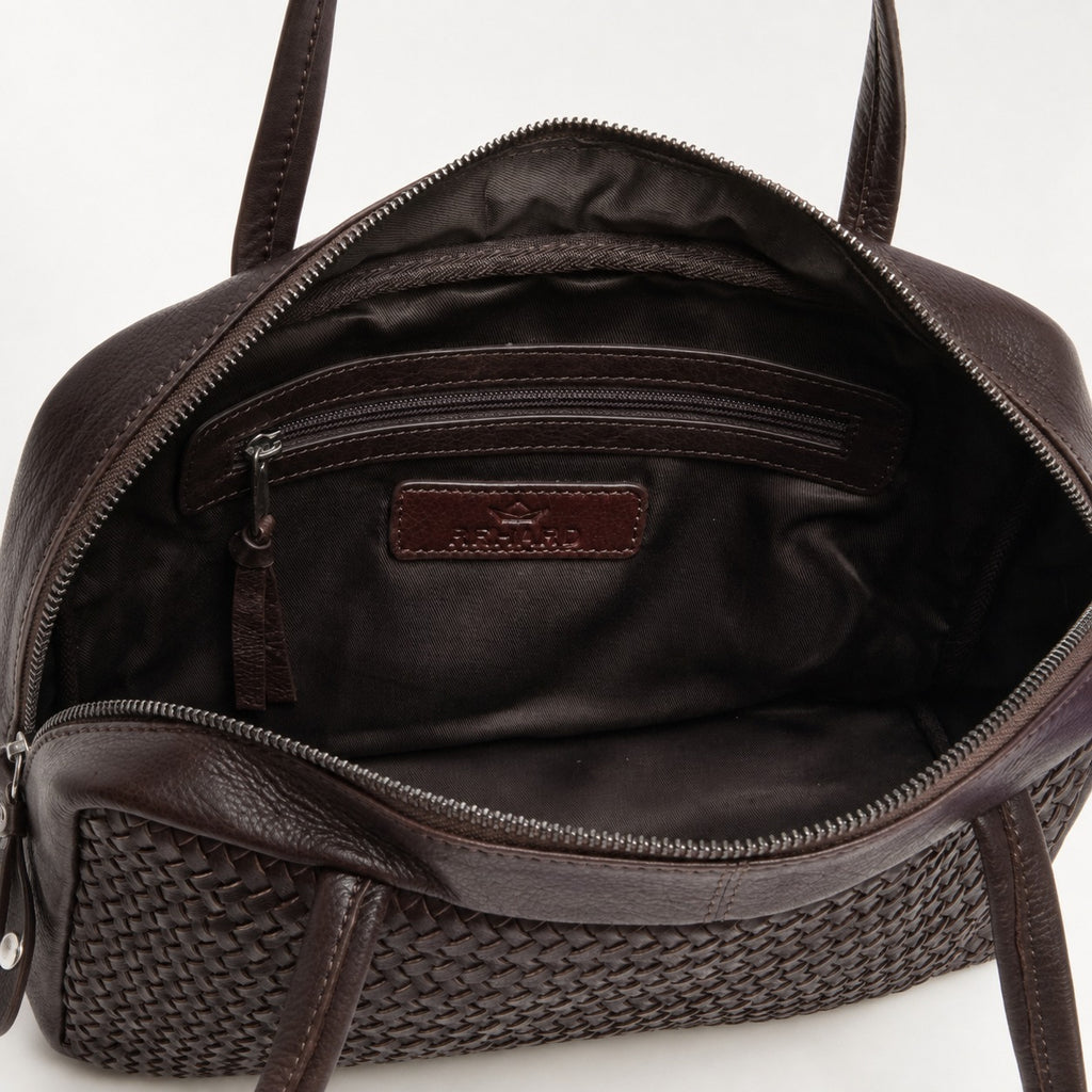 Rehard Dark Brown Woven Leather Bowling Bag, Top Zip Shoulder Handbag Gift
