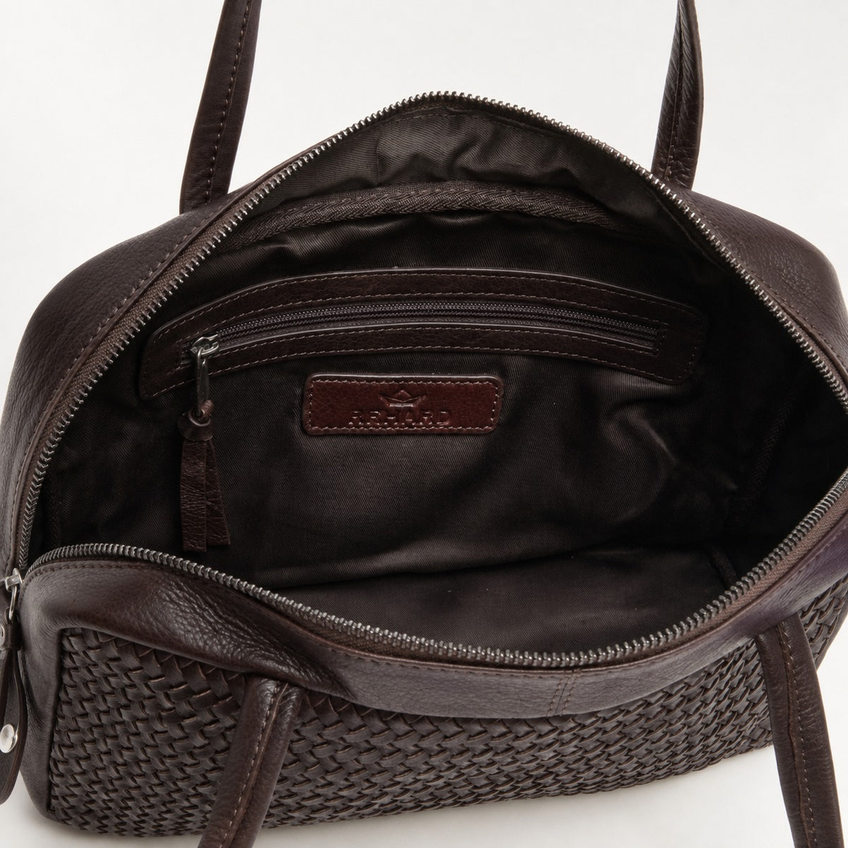 Rehard Dark Brown Woven Leather Bowling Bag, Top Zip Shoulder Handbag Gift
