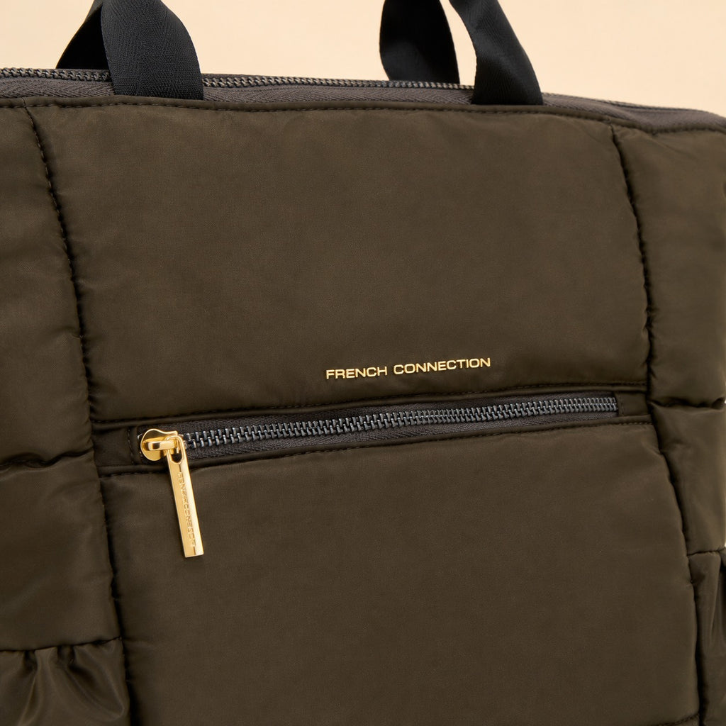 French Connection Olive Quilted Backpack, Padded Nylon Day Bag, Travel Rucksack