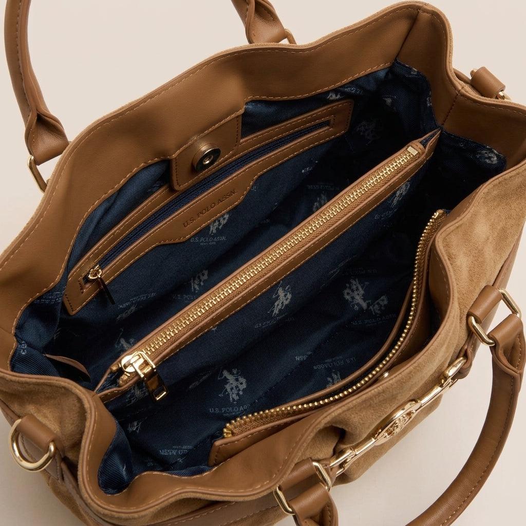 US Polo Assn Tan Suede Bag, Shoulder Handbag, Gold Hardware, Everyday Gift