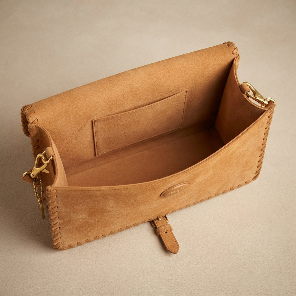 Moncrief London Tan Suede Crossbody Bag, Whipstitch Edging, Tan Leather Purse