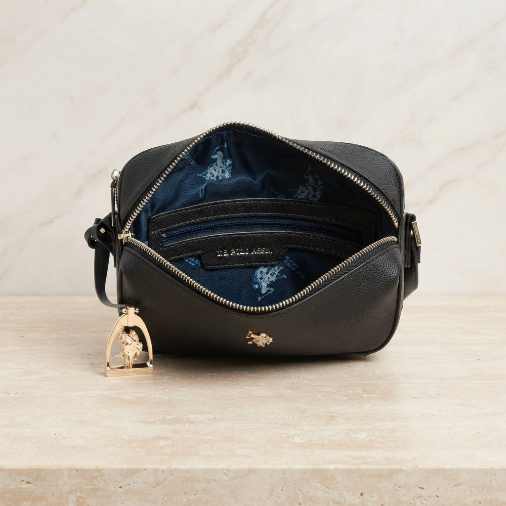 US Polo Assn Black Crossbody Bag, Pebbled Leather Look, Gold Emblem, Everyday