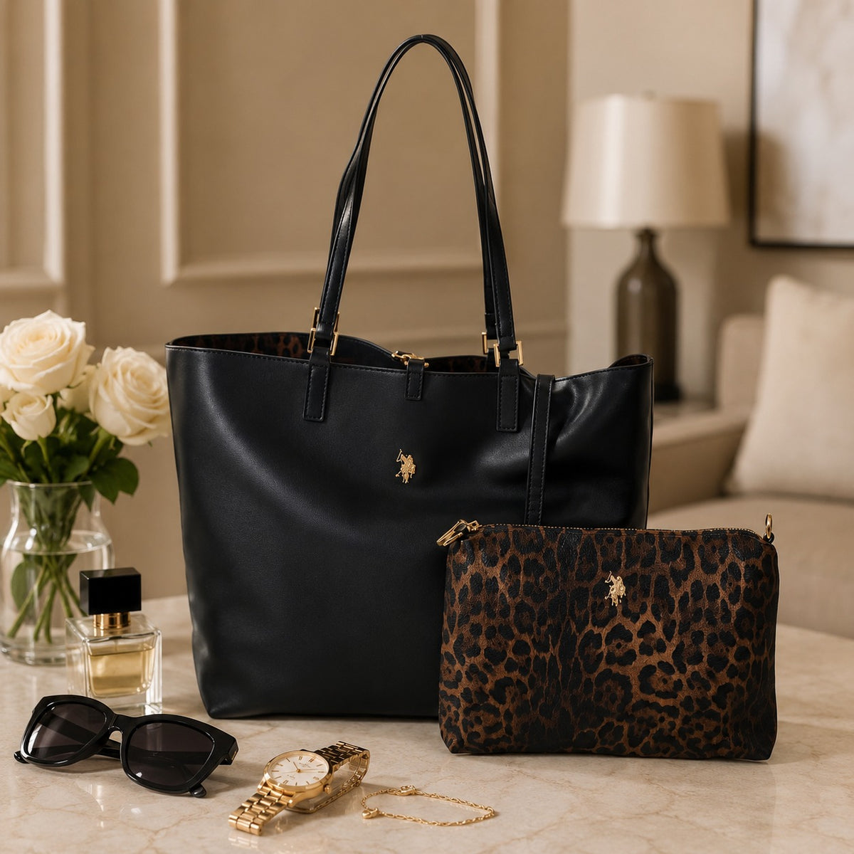 US Polo Assn Black Tote Bag, Reversible Leopard Print, Shoulder Handbag Gift