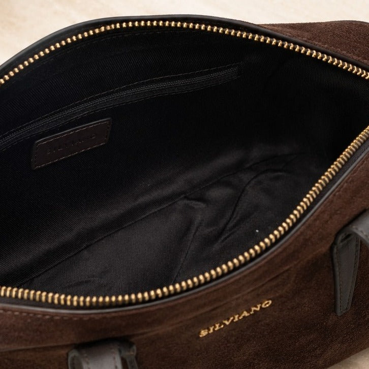 Silviano Brown Suede Shoulder Bag, Zip Top, Gold Hardware, Everyday Purse