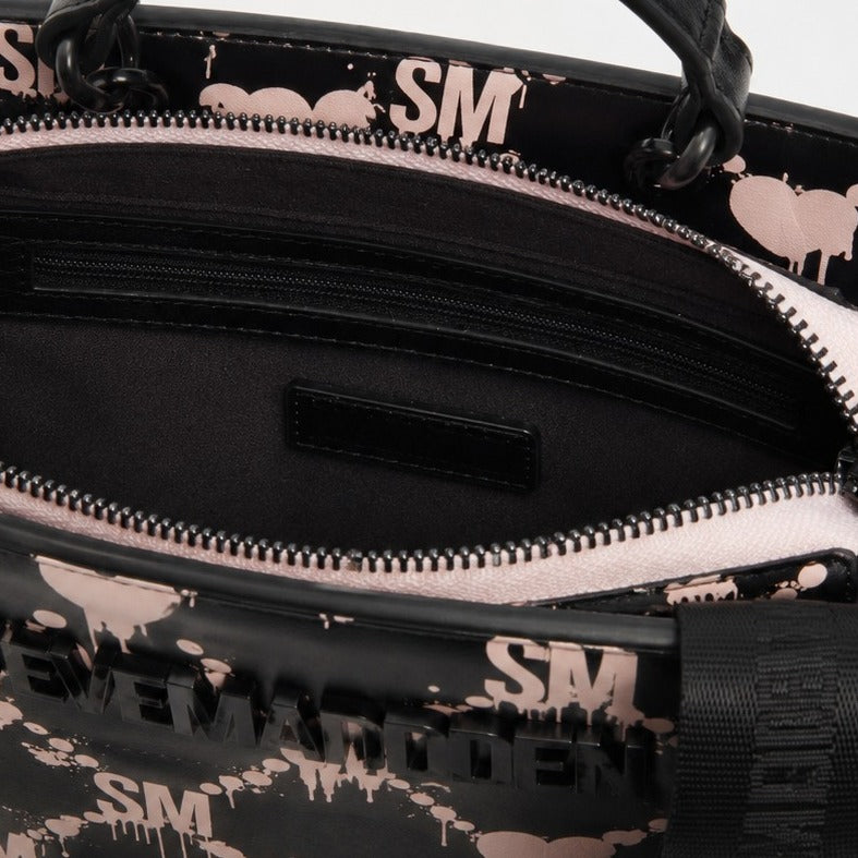 Steve Madden Black Crossbody Bag, Dripping Hearts, Top Handle, Chain Strap
