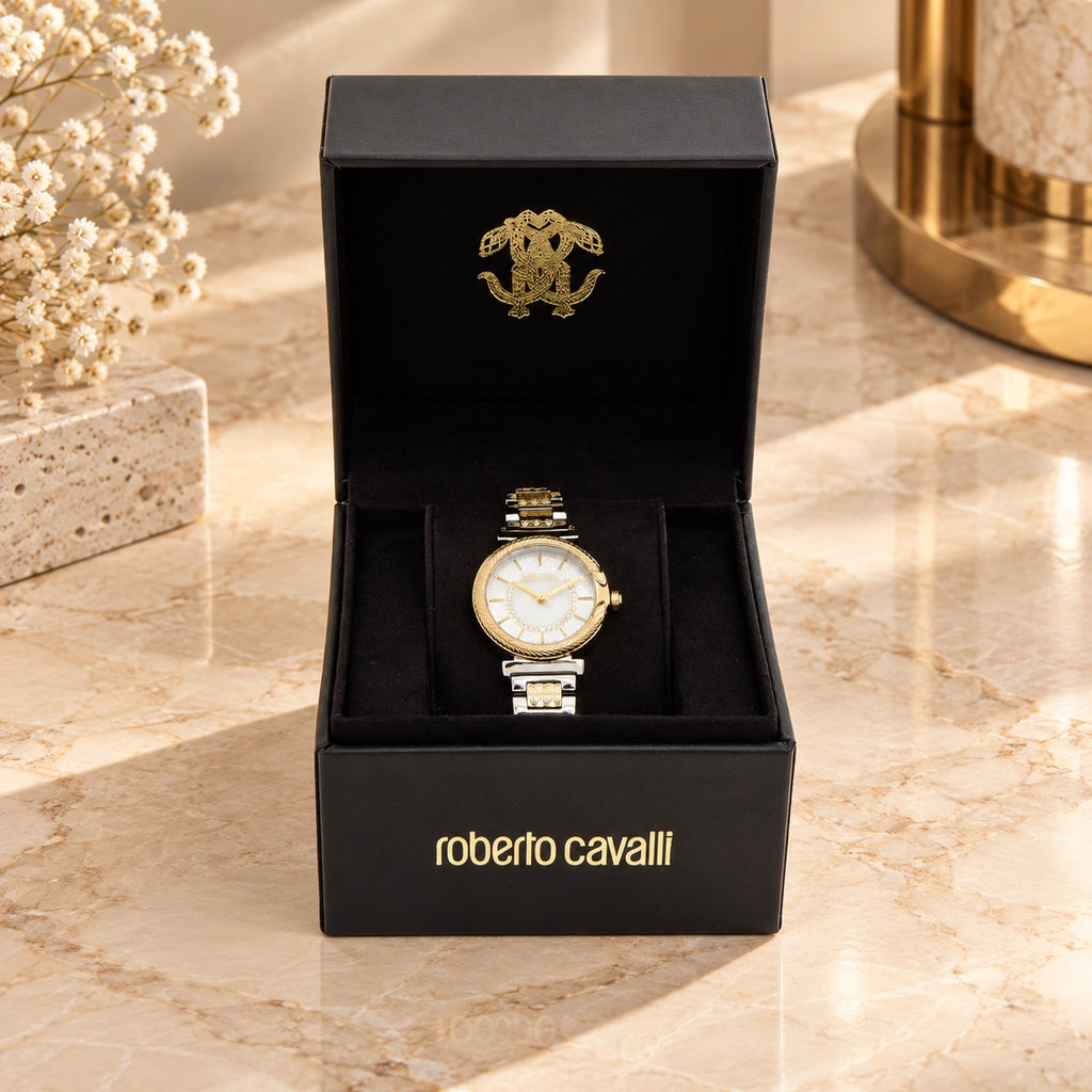 Roberto Cavalli Two Tone Watch, Snake Eclira Crystal Dial