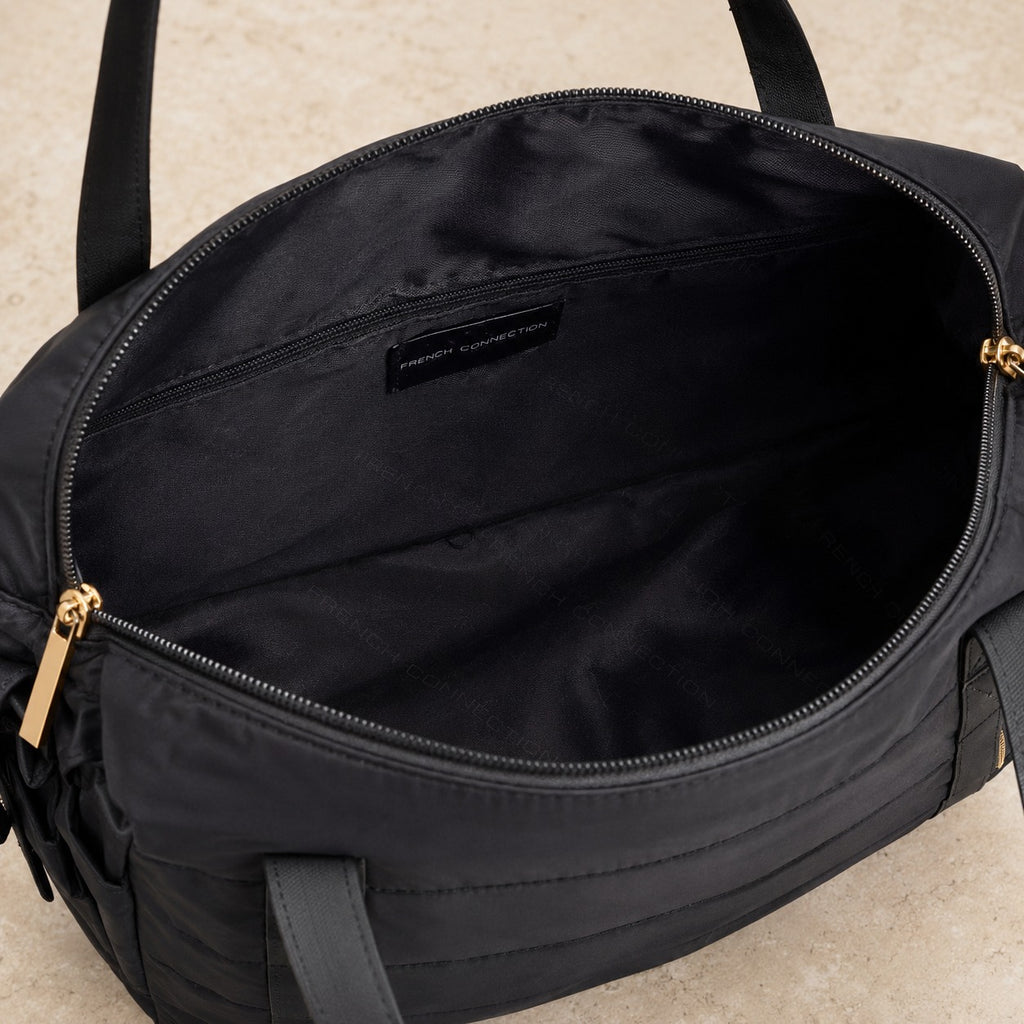 French Connection Black Weekender Bag, Quilted Padded Tote, Gym Travel Luggage