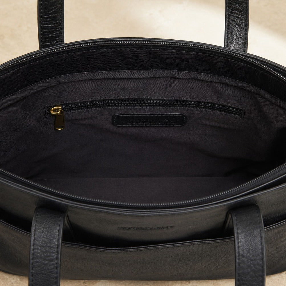 Rowallan Black Leather Handbag, Everyday Shoulder Bag, Work Tote, Minimalist