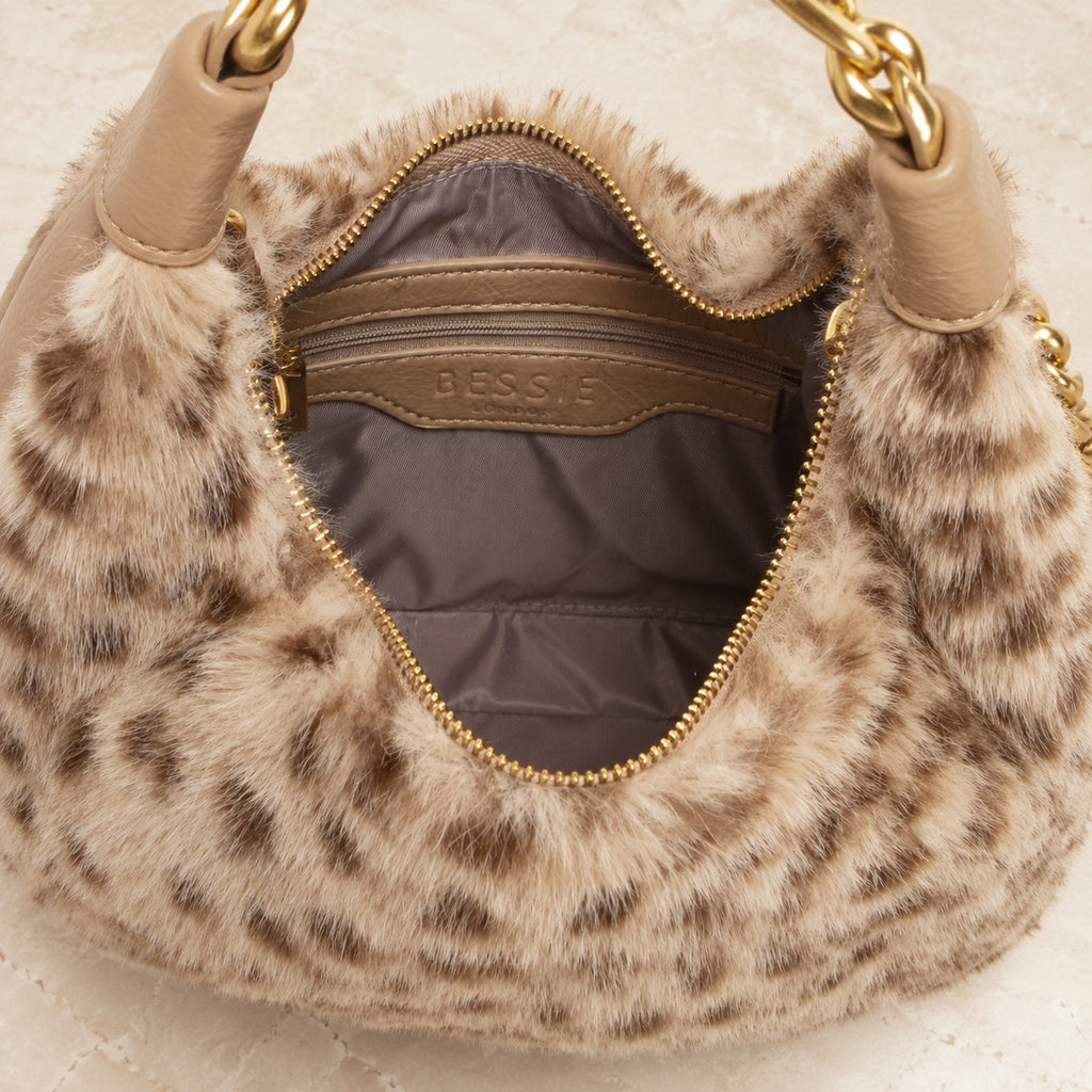 Bessie London Leopard Faux Fur Bag, Tan Brown Shoulder Bag, Chic Winter Purse