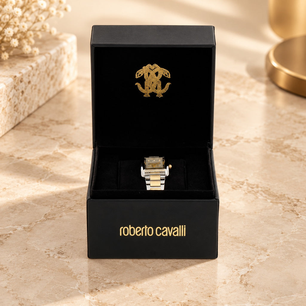 Roberto Cavalli Silver & Gold Watch, Two Tone Rectangular Crystal Gift for Her