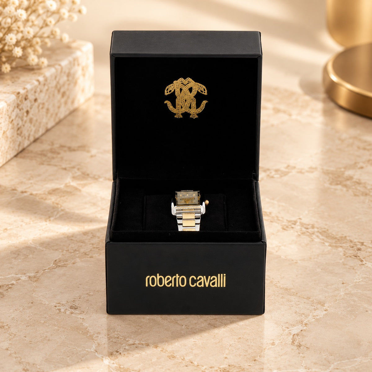 Roberto Cavalli Silver & Gold Watch, Two Tone Rectangular Crystal Gift for Her
