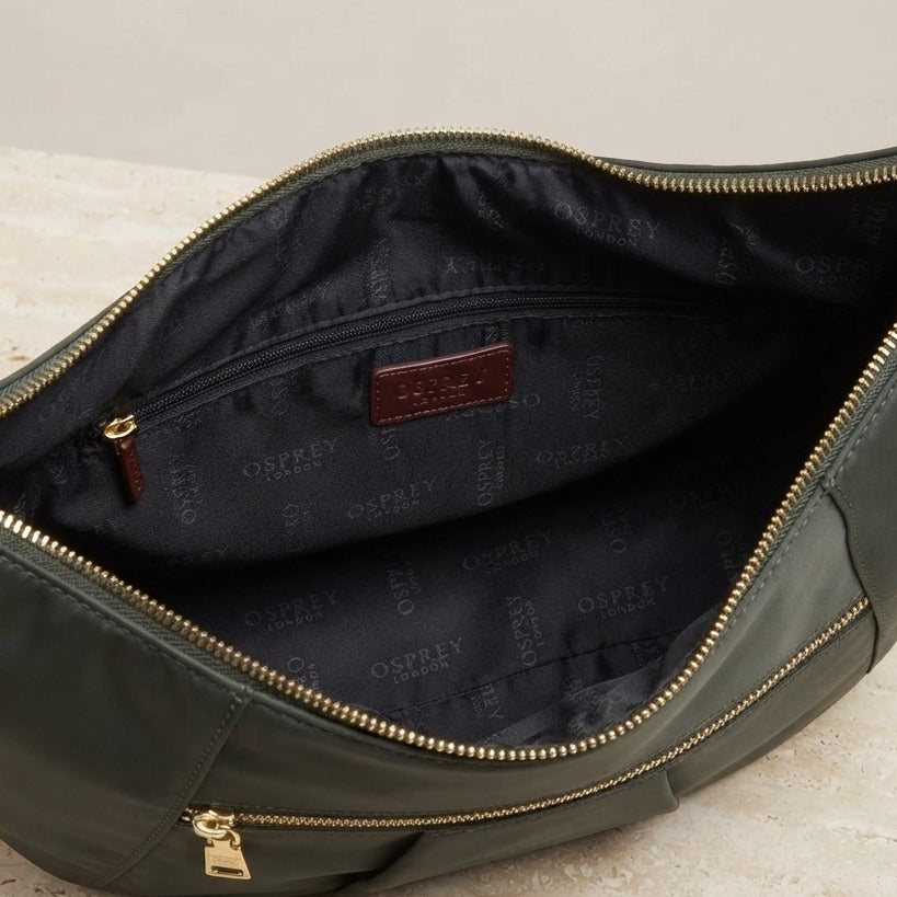 Osprey London Khaki Hobo Bag, Nylon Shoulder Handbag, Everyday Tote, Gift for Her