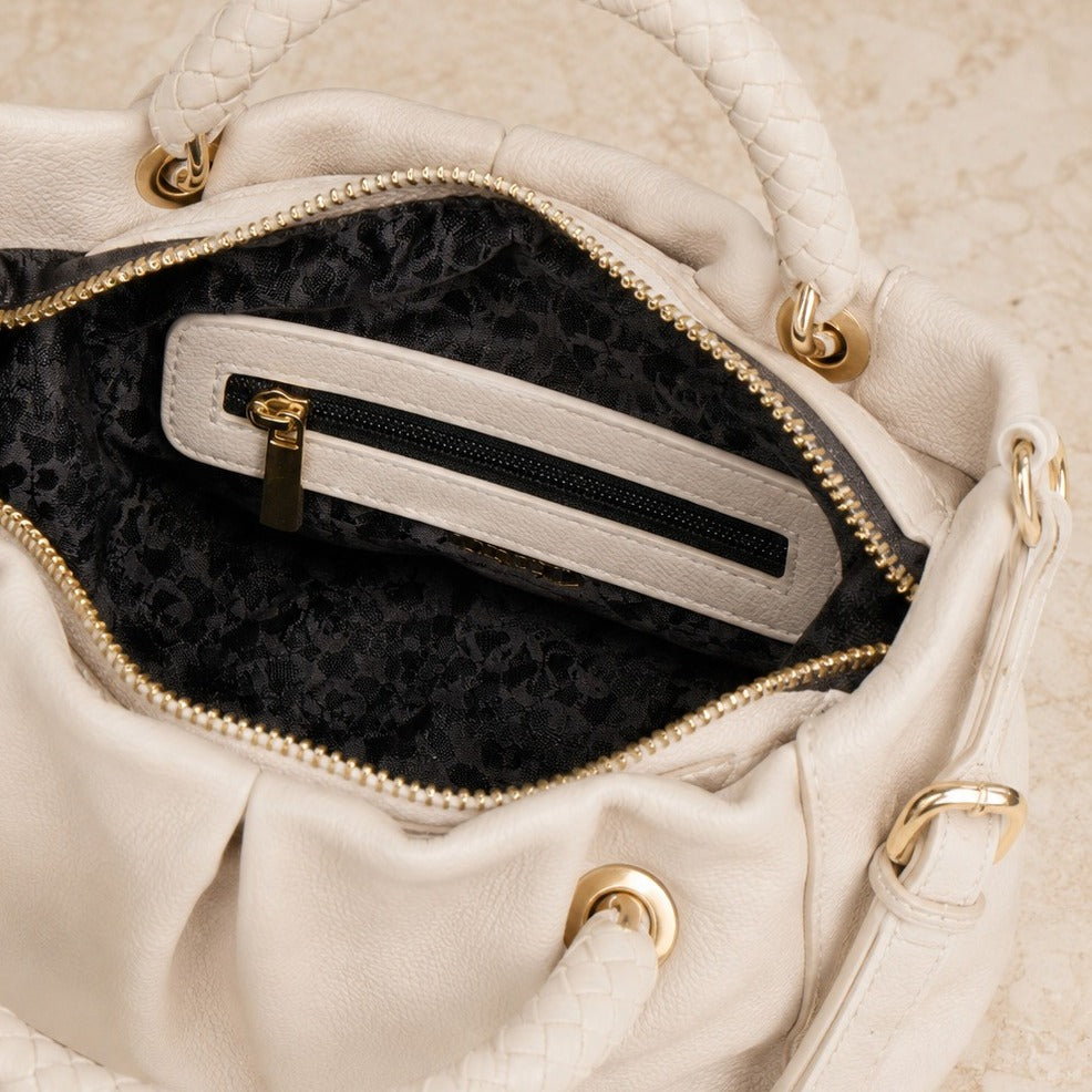 Dune Cream Handbag, Pebbled Faux Leather Satchel, Gold Hardware, Everyday Bag