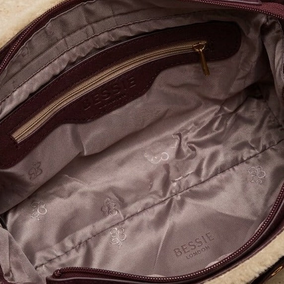 Bessie London Burgundy Shoulder Bag, Faux Suede Grab Bag, Shearling Trim