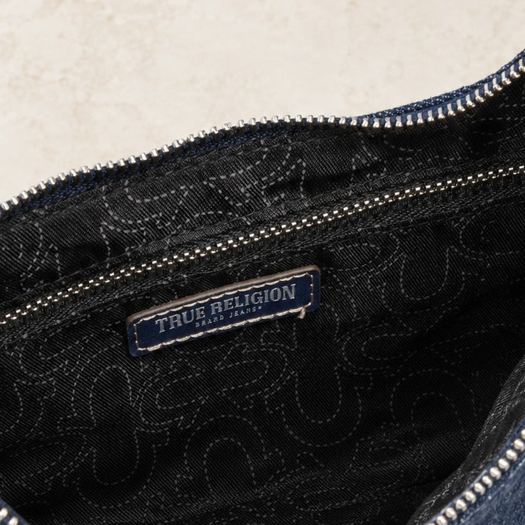 True Religion Blue Denim Shoulder Bag, Embroidered Logo, Chic Everyday Purse