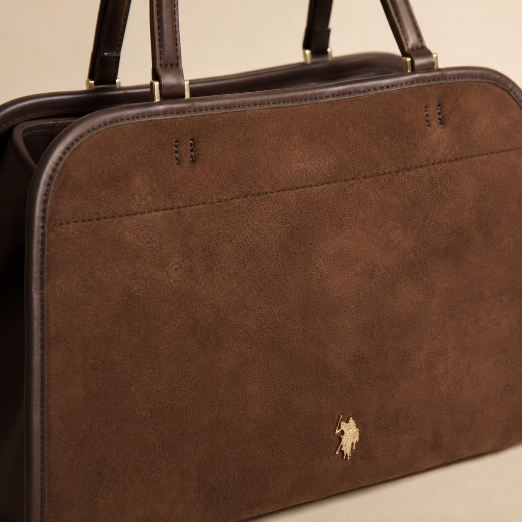 US Polo Assn Brown Tote Bag, Suede Texture, Shoulder Handbag, Everyday