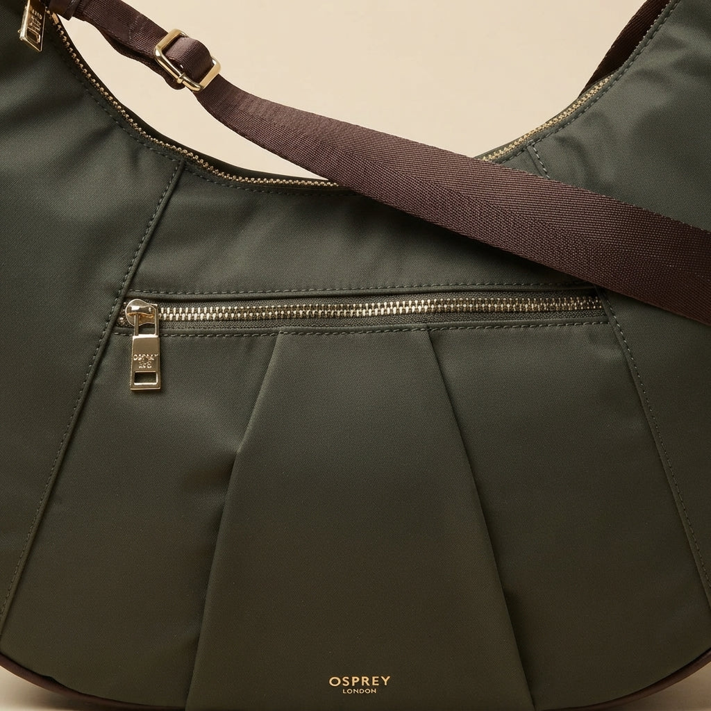 Osprey London Khaki Hobo Bag, Nylon Shoulder Handbag, Everyday Tote, Gift for Her
