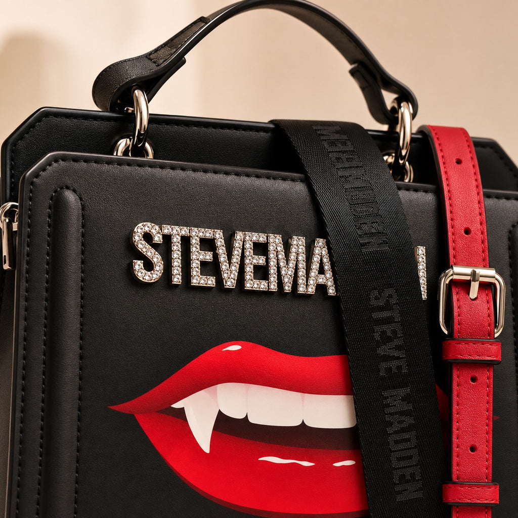 Steve Madden Black Lip Crossbody Bag, Vampire Lips, Sparkling Logo