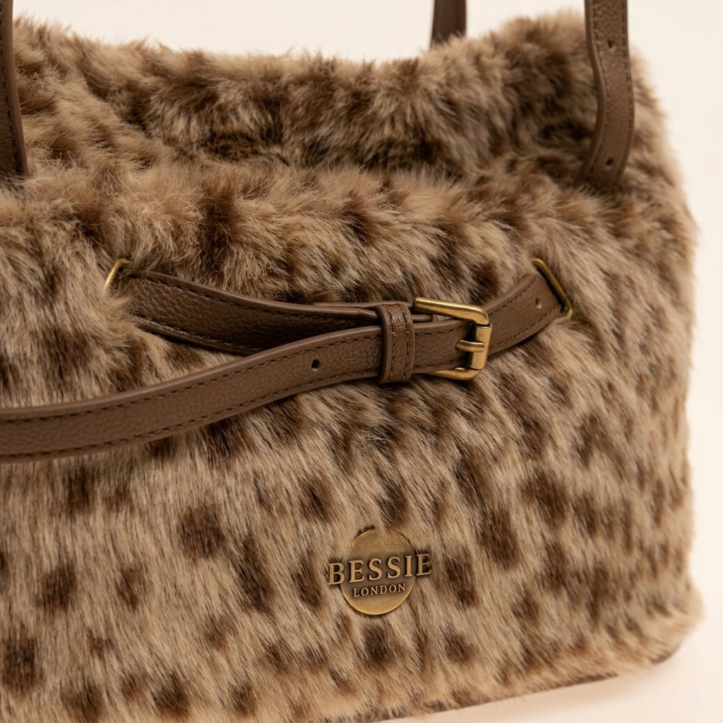 Bessie London Faux Fur Animal Print Shoulder Bag, Brown Leopard Aesthetic