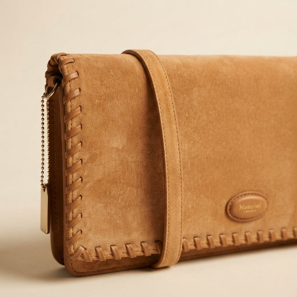 Moncrief London Tan Suede Crossbody Bag, Whipstitch Edging, Tan Leather Purse