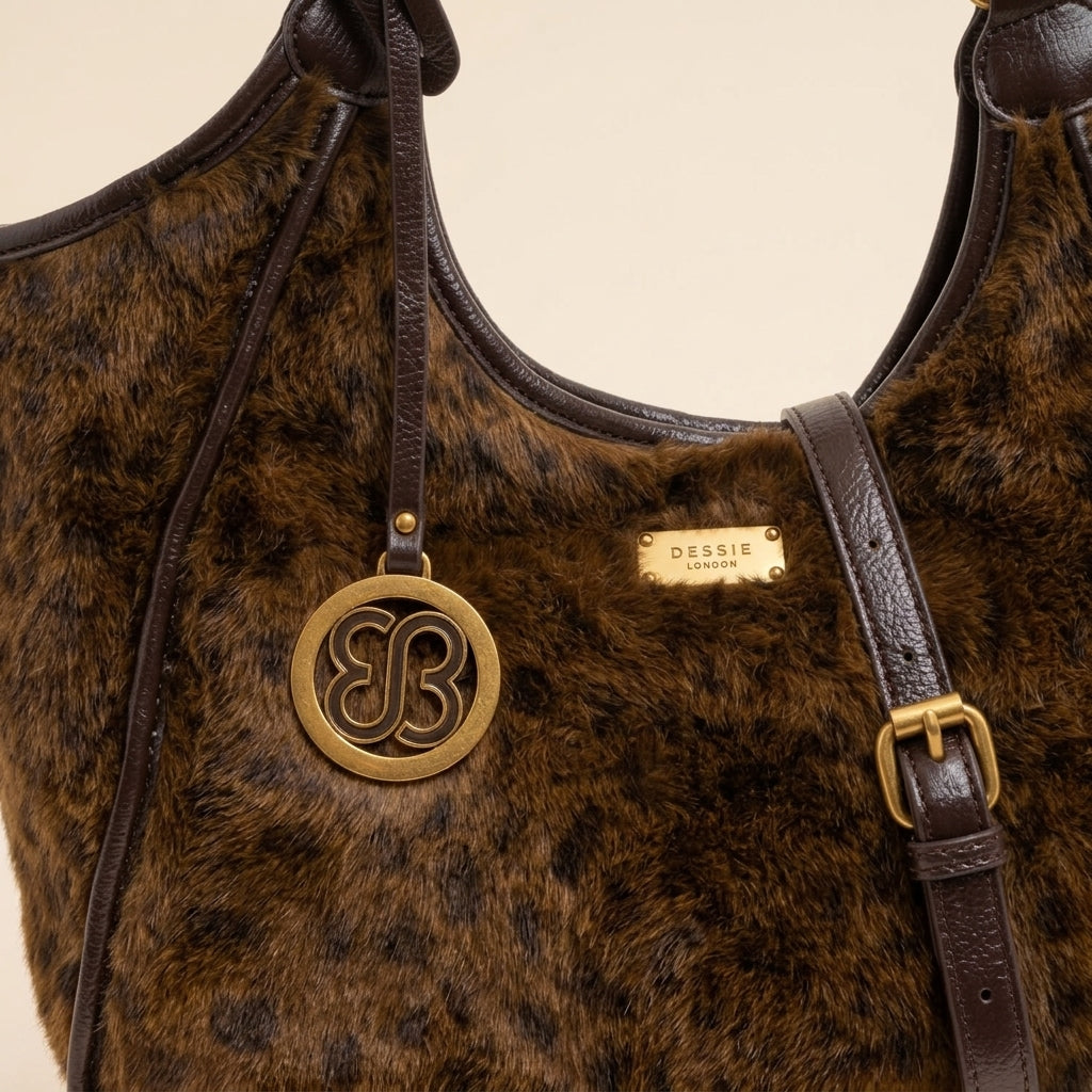 Bessie London Brown Leopard Hobo Bag, Faux Fur Tote, Gold Chain, Everyday Purse
