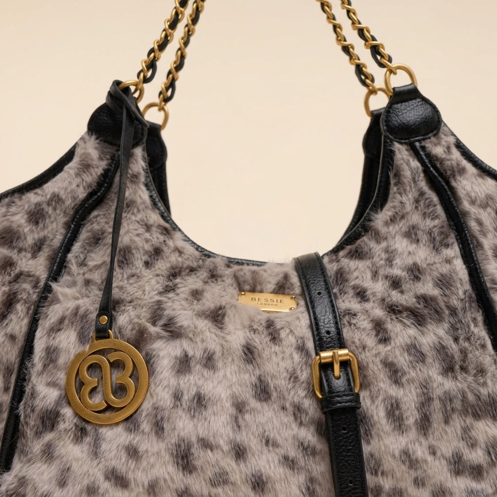 Bessie London Grey Shoulder Bag, Dalmatian Spot Faux Fur, Gold Hardware