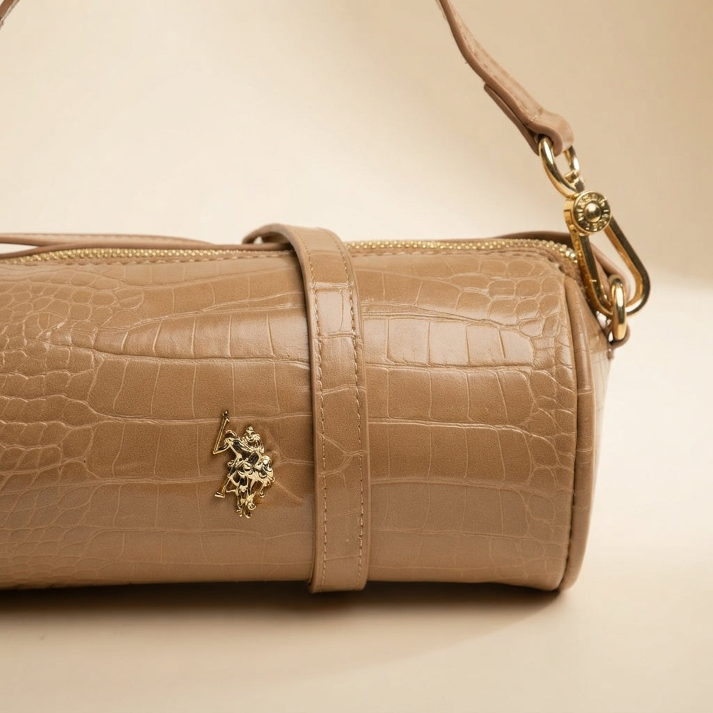 US Polo Assn Beige Crossbody Bag, Y2K Mini Barrel, Croc Texture, Aesthetic