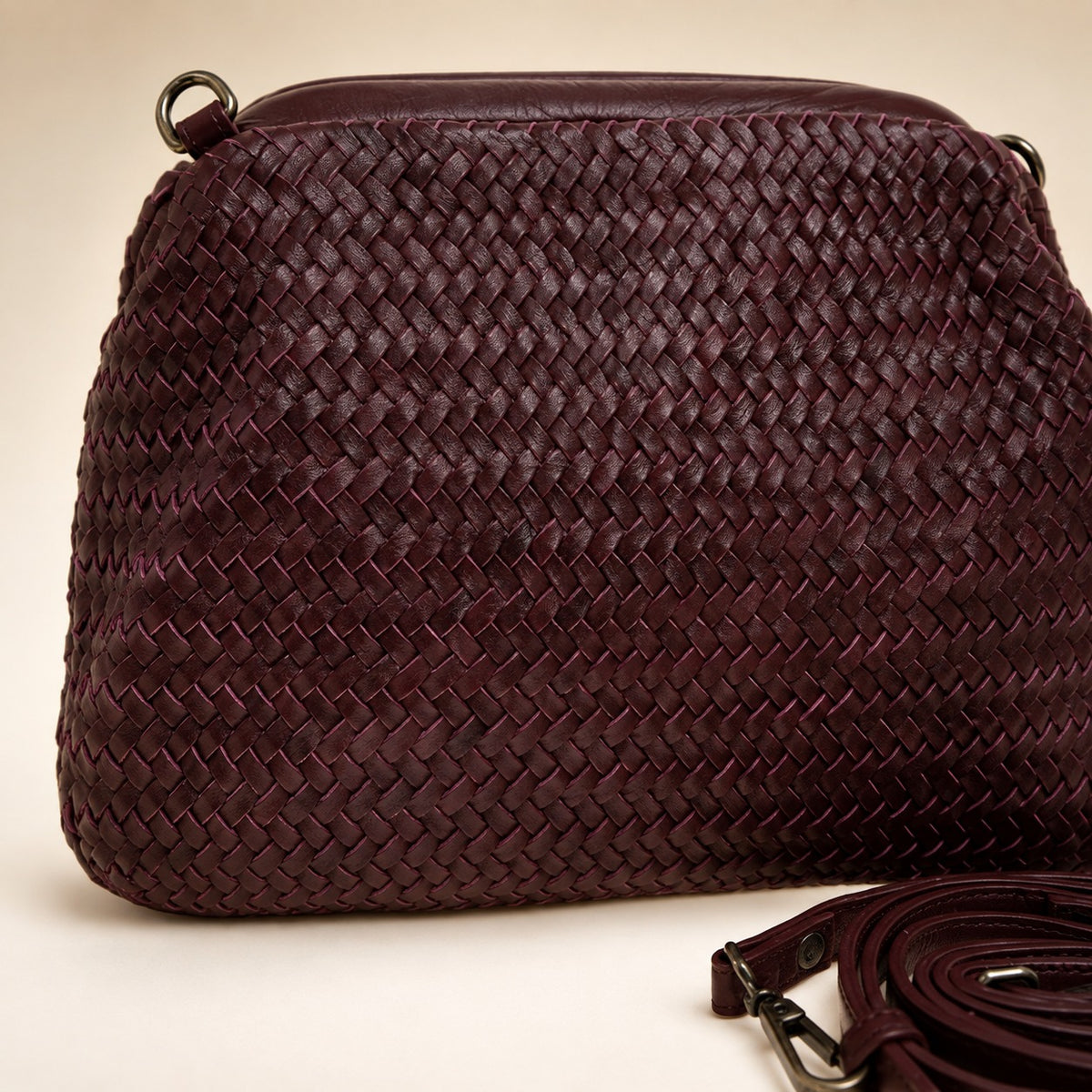 Rehard Burgundy Leather Crossbody Bag, Woven Clutch, Everyday Purse, Gift for Her