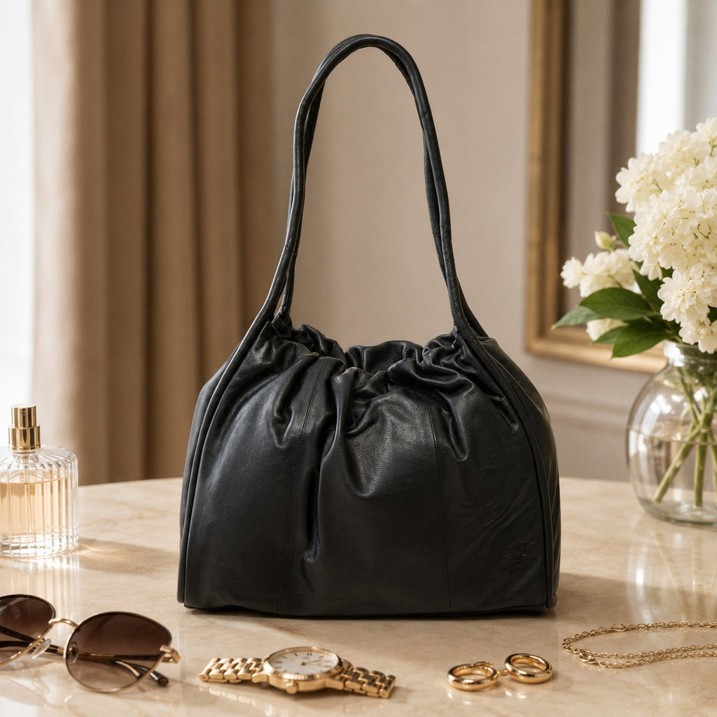 Leather Culture Black Shoulder Bag, Minimalist Everyday Hobo, Work Handbag
