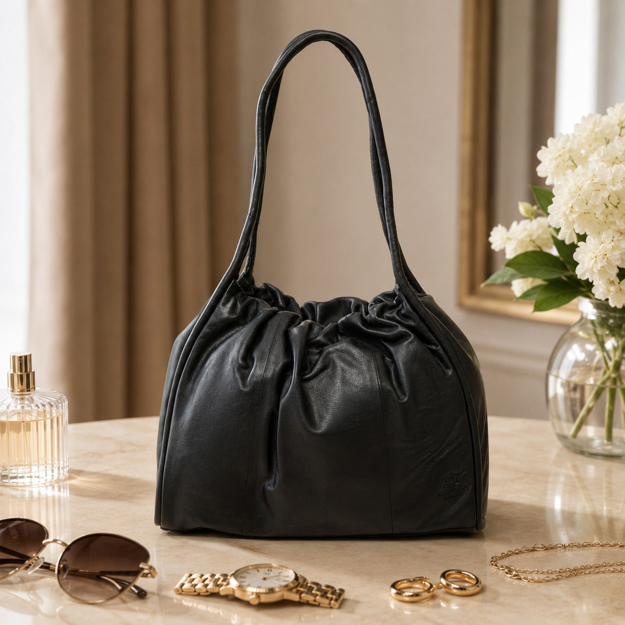 Leather Culture Black Shoulder Bag, Minimalist Everyday Hobo, Work Handbag