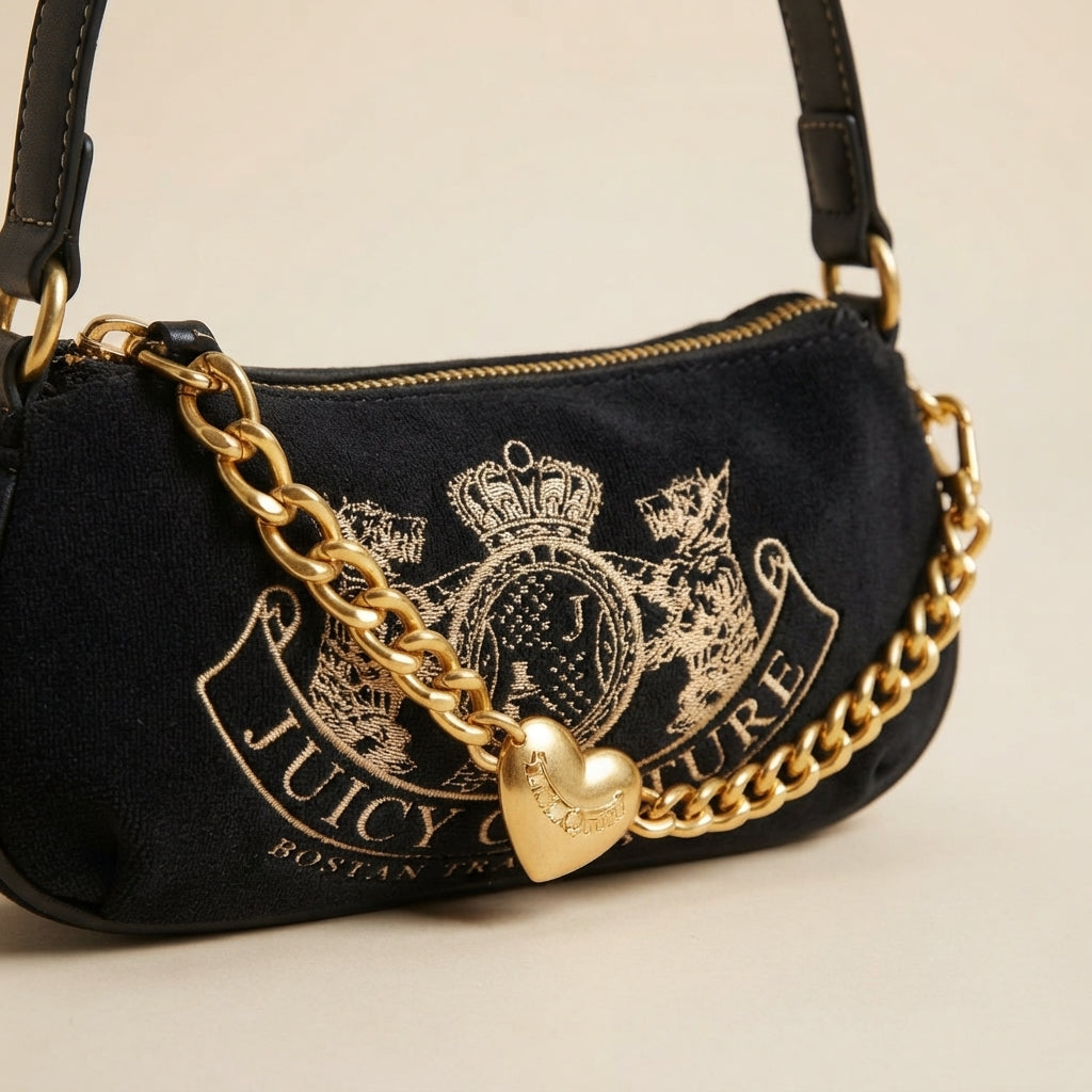 Juicy Couture Black Hobo Bag, Velvet Crossbody, Gold Heart Charm, Aesthetic